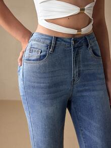 Selenza Quần jean denim rách cạp cao co giãn dành cho nữ cỡ lớn, kiểu vintage, dáng ôm sát, ống quần thon gọn. - Rửa trung bình - Xem 7