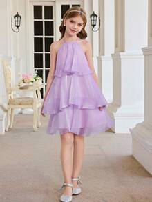 SHEIN Tween Girls' Elegant Woven Halter Neck Dress - Multicolor - View 4