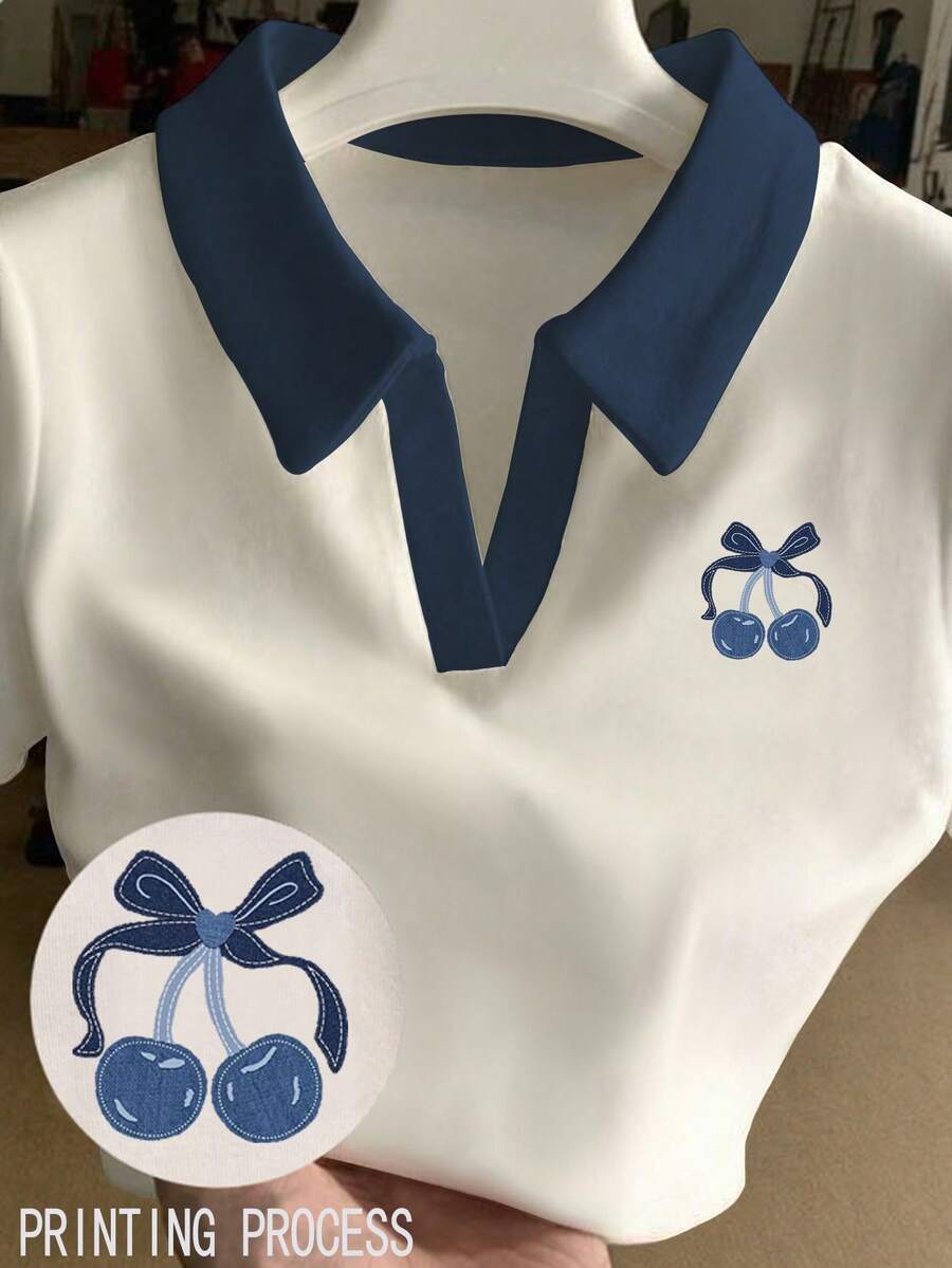 Resyla 女士休闲樱桃印花 Polo 领短袖上衣，夏季 - 彩色 - 查看 1