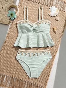 Tween Girl Sage Green 2-Piece Swimwear,Cute Summer Beach Holiday Shell Embroidery Ruffled Tankini,Textured Spaghetti Strap Bikini Bathing Suits Set - Mint Green - View 2