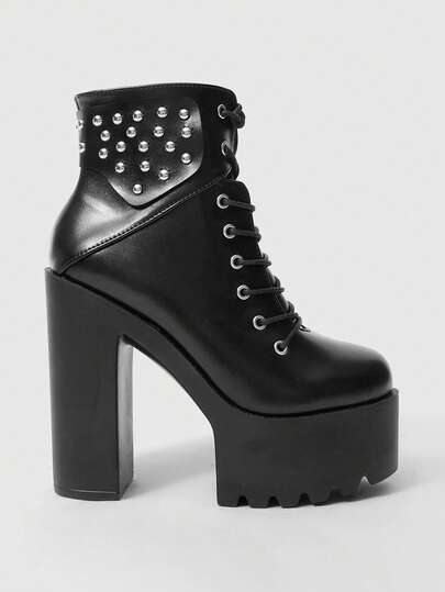 ROMWE Dampunk Y2K Tjocka Platåstövlar med Hög Klack, Korta Stövlar, Gotisk Höst/Vinter, Gatuliknande, Omlottstövlar, Fladdermusspänne, Rund Tå, Motorcykelstövlar, Bekväma, Snörning, Sidodragkedja, Högklackade Feststövlar för Dam