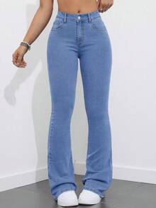 SHEIN EZwear Light Wash Denim Plus Size Flare Leg Jeans With Zipper Detail Extra Long - Light Wash - View 4