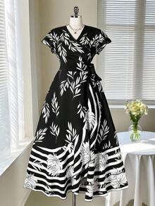 Rometta Plus Size Elegant Leaf Print Waist Cinched Dress, Summer Black And White Leaf Print Dress Black And White Floral Dress Vintage Style Dress Black And White Dress Women - Black - View 2