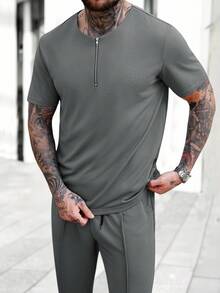 Manfinity Homme Men's Short Sleeve Crew Neck Zip-Up T-Shirt + Drawstring Pants Set, Grey T-Shirt Set, Casual Minimalist Style, Suitable For Daily Wear Casual Two Piece Set Men Mens Jogging Outfits Men Summer Sweatsuit Mens Street Wear Sets Men Joggers Suit Old Money,Daily Leisure, Weekend Trips, Outdoor Activities, Travel Expeditions, Relaxed Work Environments Or Semi-Formal Occasions, Boyfriend/Husband Gift, Anniversary /Birthday Gift Party Summer Vacation Holiday New Years Wedding Valentine's Day - Dark Grey - View 3