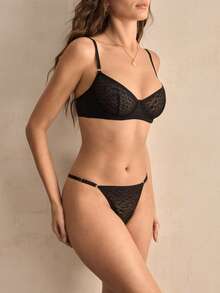 Charlaine 两件套内衣套装，带钢圈、提拉聚拢、网纱拼接、豹纹印花、薄纱，现代法式风格，优雅浪漫女士文胸+内裤 - 黑色 - 查看 5