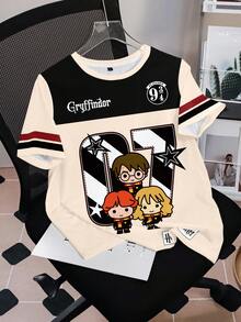 HARRY POTTER X SHEIN 女士休闲撞色卡通图案圆领短袖T恤，夏季 - 白色 - 查看 4