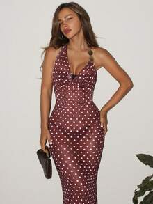 Bonvoyette 女士波点露背吊带连衣裙，性感修身设计，优雅适合晚宴和约会 - 棕色 - 查看 3