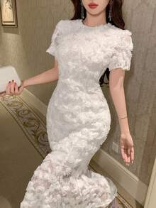 DAZY Đầm dài ngang gối, đầm dài ren hoa 3D kiểu Pháp độc đáo dành cho nữ, đầm maxi, đầm mùa hè. - trắng - Xem 4