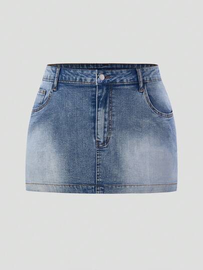 SHEIN MOD 大码女式休闲带口袋牛仔迷你裙 夏季女式春季女式复活节裙 女式派对裙 女式沙滩裙 女式外出裙 女式度假裙 女式夏季假日休闲裙 女式休闲裙 蓝色裙子 女式经典蓝色牛仔裙 休闲高腰迷你牛仔裙