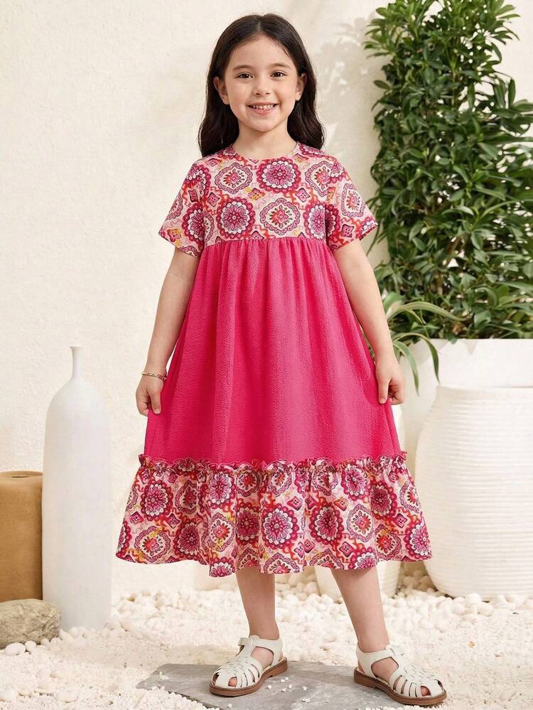 Young Girl Floral Print Patchwork Simple Long Sleeve Casual Arabian Dress Young Girl's Spring/Summer Ramandan Style Matching Family Vacation, Tween Girl / Young Girl Jalabiya.National Ditsy Floral Print Dress, Mom And Daughter & Sisters Matching. Arabian Robe, Elegant Floral Collar, Traditional Long-Sleeved Arabian Dress, Elegant And Dignified , Prayer Robe, Dignified Kaftan Robe, Children's Arabian Robe. - Pink - View 1