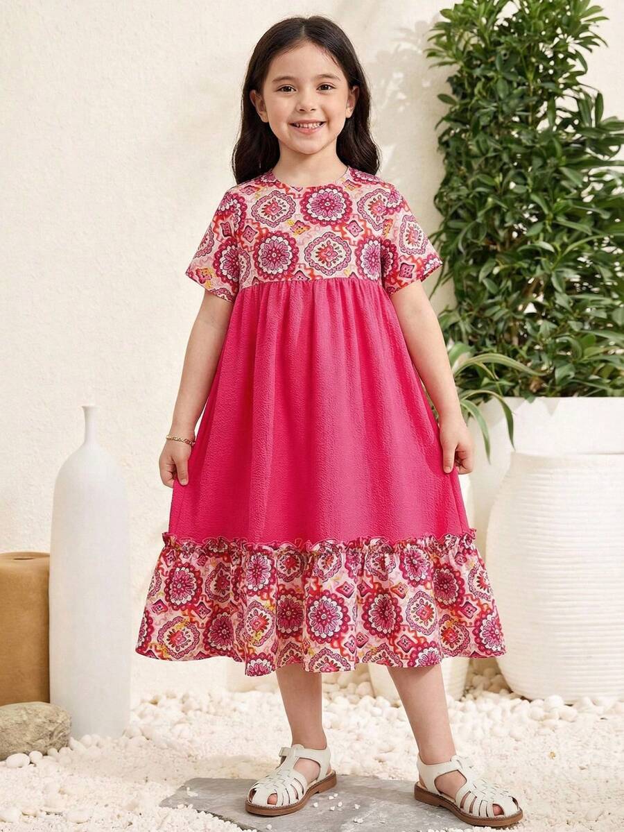 SHEIN 粉色夏季少女碎花拼接洋裝,家庭度假度假穿搭,少女版 Jalabiya 傳統長袖阿拉伯祈禱袍 - 粉色 - 查看 1
