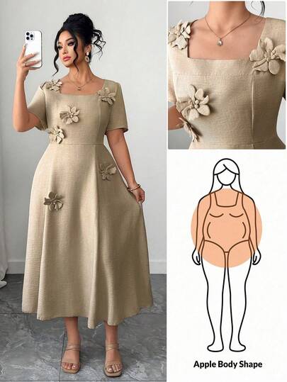 SHEIN Elenzya Plus Size Women's Solid Color Square Neck Short Sleeve 3D Floral Decor Elegant Unique Midi Dress For Everyday & Commute