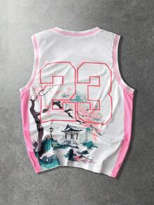ROMWE MEN Prep Men's Casual Cherry Blossom Print Street Style Tank Top, Spring/Summer - White - View 2