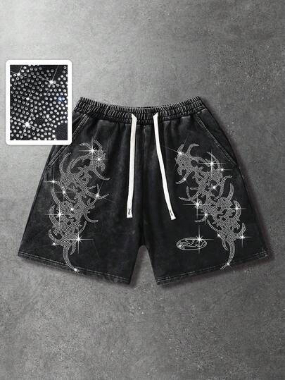 ROMWE MEN 男士休闲街头风水钻荆棘印花短裤