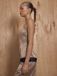 MUSERA Spaghetti Strap Straight Neckline Fitted Lace Trim Satin Longline Top Coord Top Only Winter NewYear Cute Sexy Going Out Evening Party Accented Valentines Day - Khaki - View 3