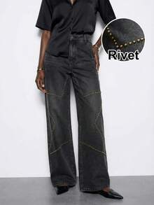 Maija Jeans anchos y sueltos de moda casual para mujer con decoración de remaches y estampado de estrellas - Negro - Ver 3