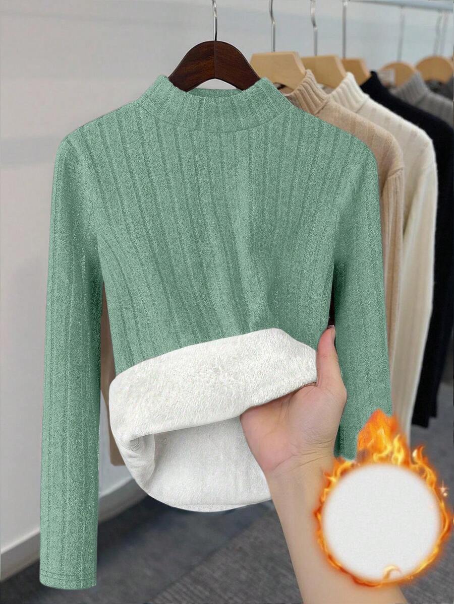 INAWLY Mint Green Plain Rib-Knit Long Sleeve T-Shirt For Women With Stand Collar And Warm Fabric - Mint Green - View 1