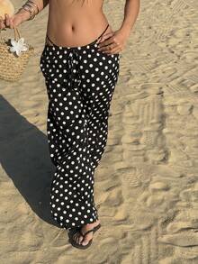 Sunnyshic Quần nữ chấm bi đen cạp thấp, đa năng, thời trang, dễ phối đồ, phong cách thường ngày, đi biển, trẻ trung, mùa xuân/hè, năm 2000, mùa tựu trường. - màu đen - Xem 3