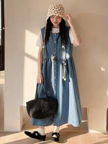 FRIFUL 女士休闲波点印花纽扣牛仔连衣裙，夏季 - 藍色 - 查看 4