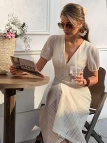 Elyressa 女士优雅长款编织连衣裙，夏季 - 杏色 - 查看 3