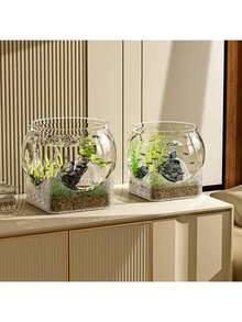 1 Piece Of Sturdy Transparent Round Fish Tank, A Desktop Aquarium Resistant To Breakage And Tipping, Suitable For Turtles And Small Fish. Natural Stone Design, Versatile Indoor/Outdoor Decorative Fish Tank - Multicolor - View 3