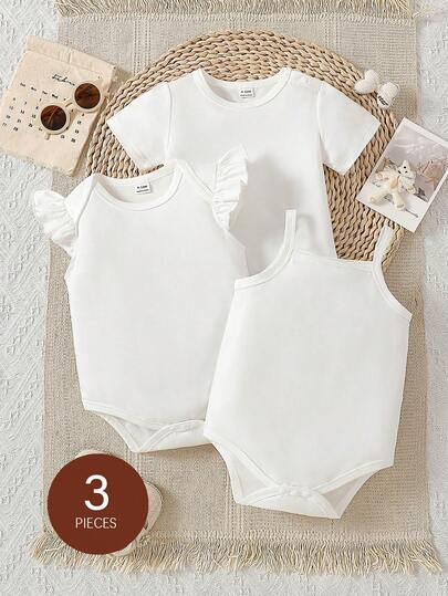 SHEIN 3pcs/Set Baby Girls' Casual Solid Color Sleeveless, Cap Sleeve, Cap Sleeve Romper Outfit, Summer