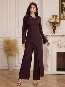 Modelyn Women's Daily Commute Oblique Collar Asymmetric Design Top And High Waist Wide Leg Pants 2 Pieces Set - Brown - View 3