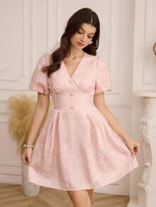 Modelyn Women's Elegant Vintage V-Neck Puff Sleeve Pearl Button Cinched Waist Chic Mini Dress - Pink - View 3