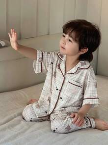 Dazy Kids 男童格子卡通印花短袖上衣和裤子睡衣套装