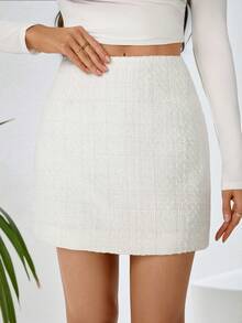 SHEIN Tall 高腰羊毛格子半身裙 白色网球裙 白色