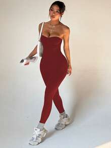 Dewbera 女士无缝露背酒红色连体衣 - 酒紅色 - 查看 7