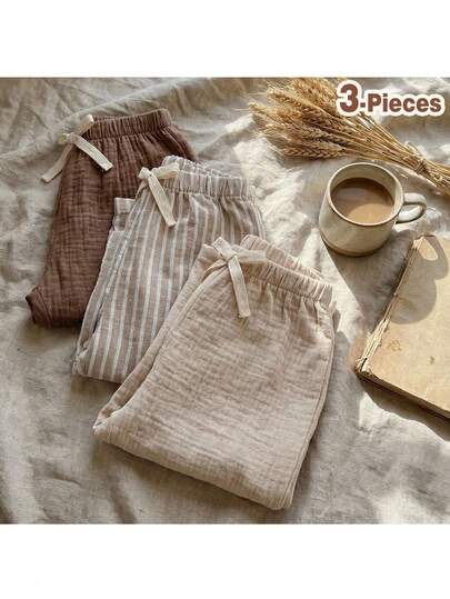 Loomiva 3pcs Baby Boys/Girls Elastic Waist Pants Set With Decorative Ribbon, Versatile & Comfortable For Outings, Street Style, Home, Party