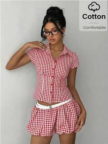 Aloruh 女士优雅通勤休闲纯白色短袖褶裥腰身衬衫，春夏百搭 - 紅色 - 查看 5