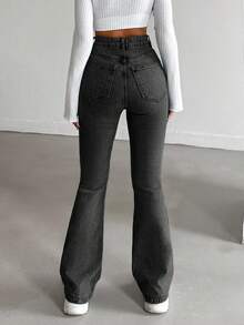 EURMUSE 98%Cotton Washed Casual Flare Jeans With Slanted Pockets - Dark Grey - View 2