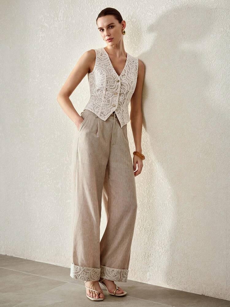 2PCS WOMEN'S NEW HOLLOW-OUT DESIGN SLEEVELESS TOP AND FOLD PLEATED LONG PANTS FASHION SUIT