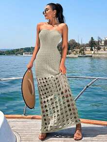 EURMUSE Women's Strapless Waist Cinched Ombre Hollow Out Cover Up Dress - Cream - View 3