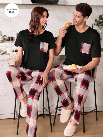 SHEIN Men's Plaid Print Pocket Short Sleeve Pajama Set