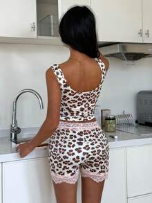 SHEIN Sexy Leopard Print Lace Patchwork Pink Women Pajama Set - Multicolor - View 2