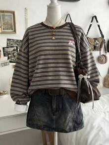 Lalippa 女士休闲条纹圆领落肩套头卫衣，秋季款 - 彩色 - 查看 1