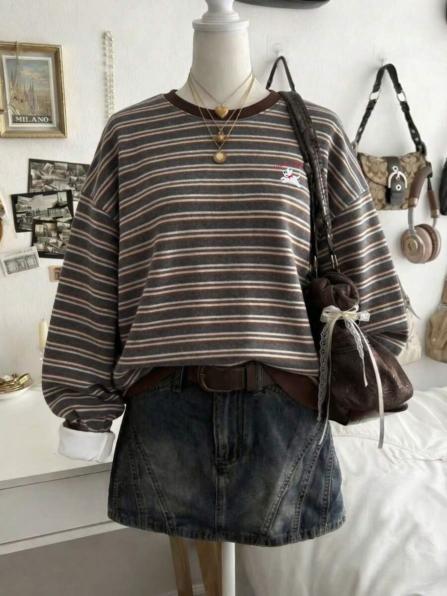 Lalippa 女士休闲条纹圆领落肩套头卫衣，秋季款 - 彩色 - 查看 1