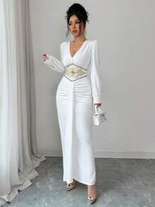 Elenzga Vestido ajustado largo de Body con diseño de cintura, cuello en V y mangas abullonadas con volantes elegantes para mujer, primavera - Blanco - Ver 6