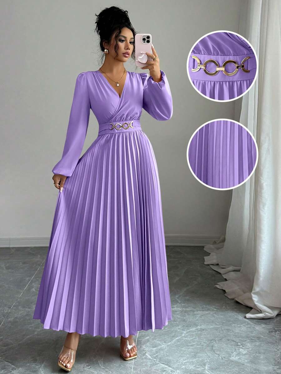 Elenzga Vestido plisado elegante, adecuado para volver al colegio, cumpleaños, boda - Púrpura malva - Ver 1