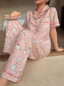 SHEIN Napfluff Bubble Wrinkle Cute Puppy Print Short Sleeve Pajama Set - Pink - View 6