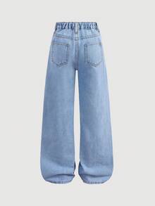 Girlism 彩色3D立体花卉针织少女宽松蓝色牛仔裤 - 淺色水洗藍 - 查看 2