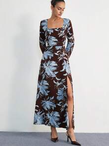 Aveloria Modichic Elegante vestido de manga larga con cuello cuadrado retro francés, cintura ceñida y bajo con abertura, versátil y favorecedora - Multicolor - Ver 4