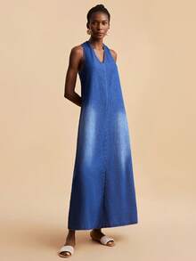 Travachic 女士时尚V领牛仔连衣裙，夏季 - 中等水洗藍 - 查看 4