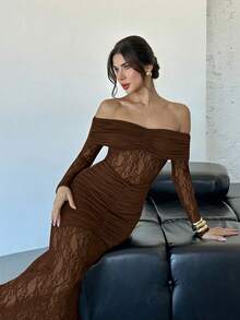 Firerie Women's Elegant Off-Shoulder Asymmetric Lace Dress - Brown - View 7