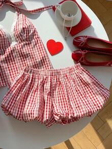 Comfortcana 两件套女士撞色蕾丝格纹吊带上衣和荷叶边短裤套装 - 紅色 - 查看 6