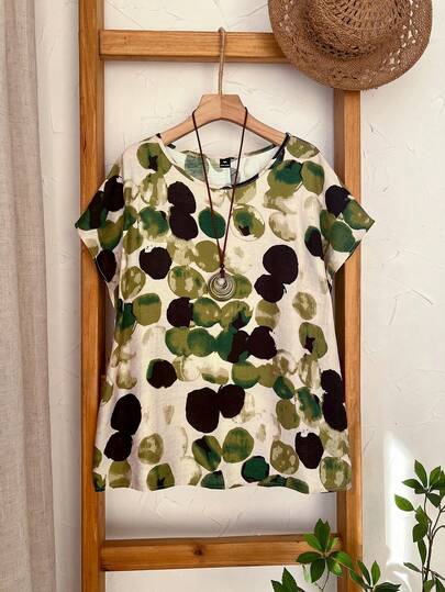 EMERY ROSE Plus-Size Women's Early Spring Country Casual Vacation Plaid Round Neck Short-Sleeved Shirt Top For Summer