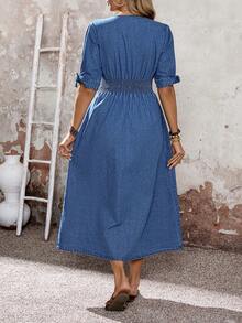 EMERY ROSE Women's Fashion Casual Shirred Waist Cinched Long Denim Dress - Blue - View 2